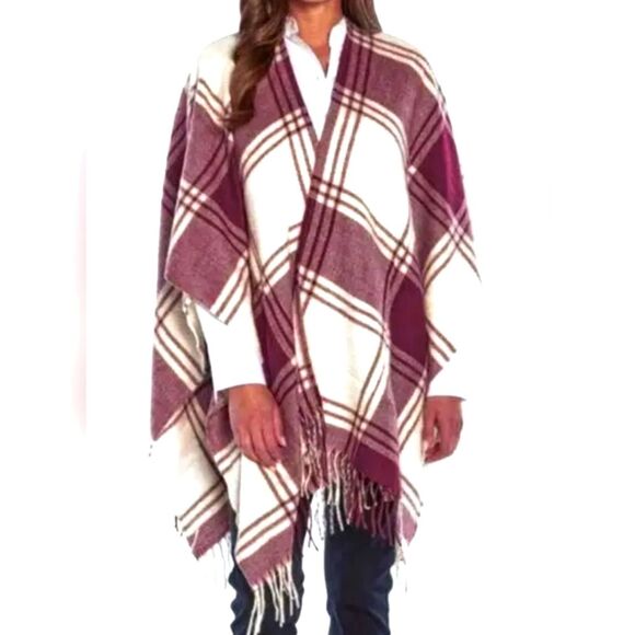 Banana Republic Mariana Deep Red Plaid Fringe Cashmere Blend Poncho Wrap Sweater - Picture 1 of 10